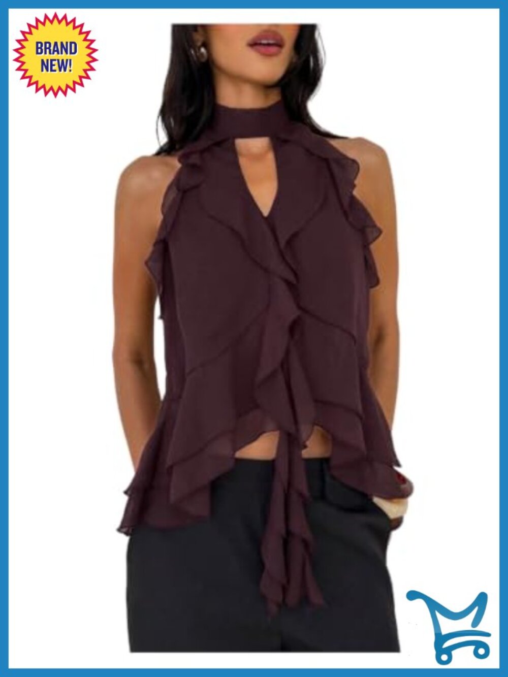 Women's Ruffle Halter Top Asymmetrical Open Back Sleeveless Polyester Summer Top